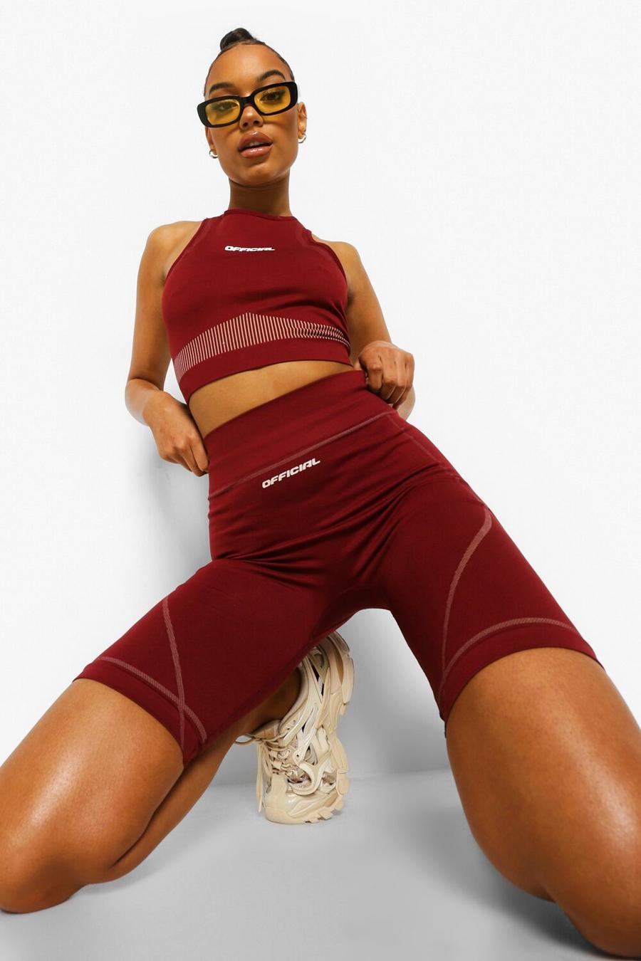 Burgundy Seamless Booty Enhancing Cycling Shorts image number 1