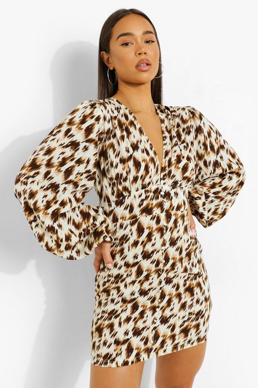 Brown Leopard Plunge Balloon Sleeve Mini Dress image number 1