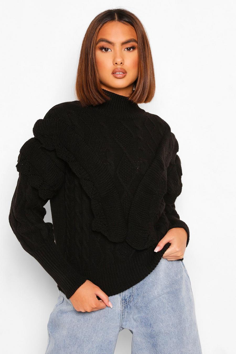 Black Cable Knit Ruffle Sleeve Sweater image number 1