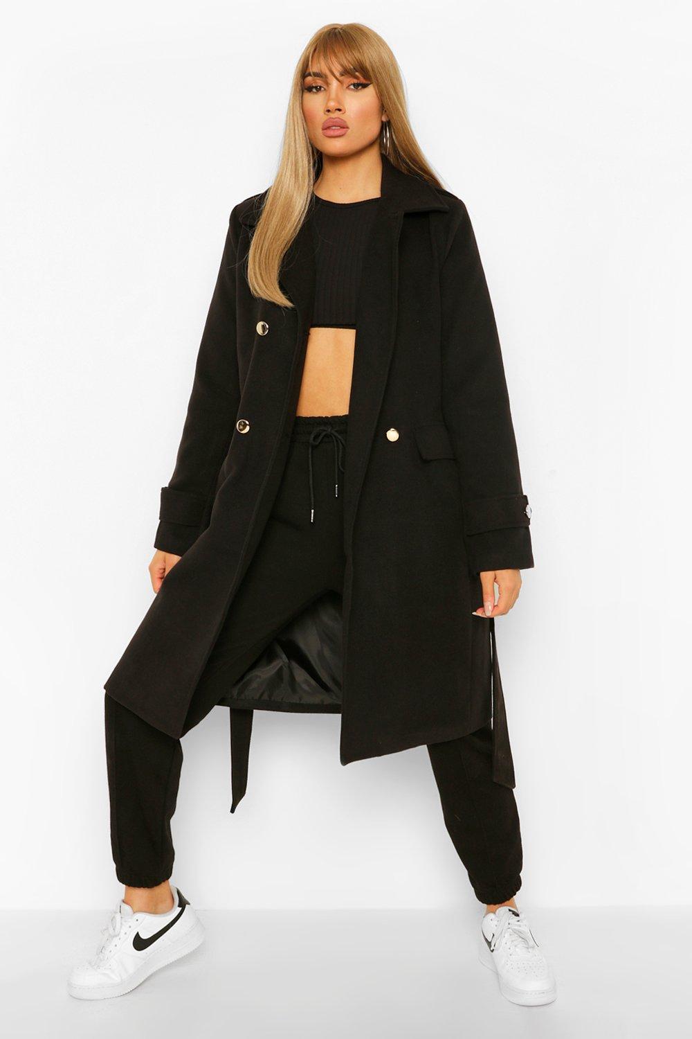 Boohoo belted wool look hotsell trench coat in black