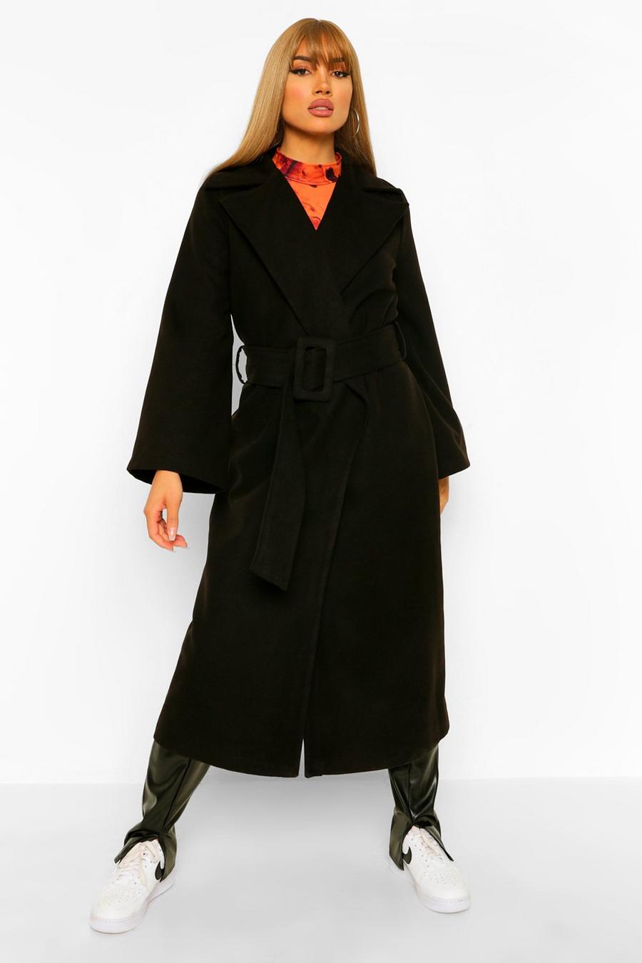 Manteau effet laine à manches flare et ceinture, Black image number 1