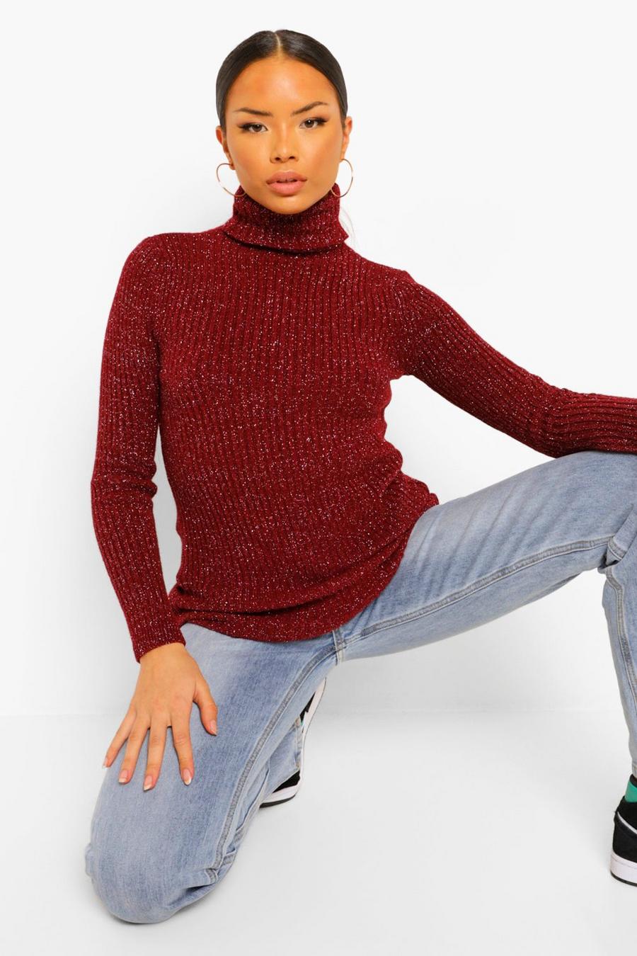Berry Glitter Rib Knit Turtleneck Sweater Dress image number 1