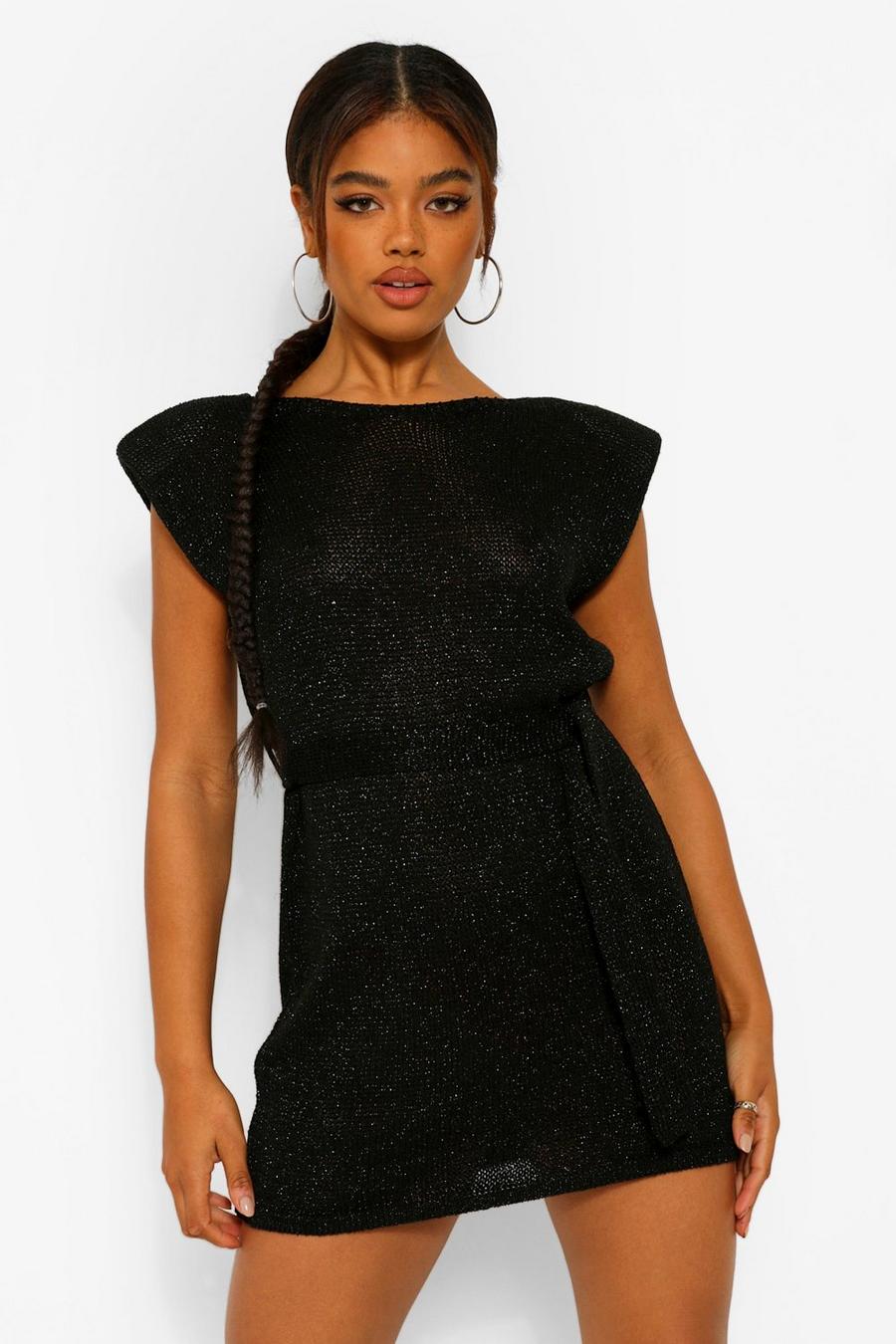 Black Glittrig stickad klänning med axelvaddar image number 1