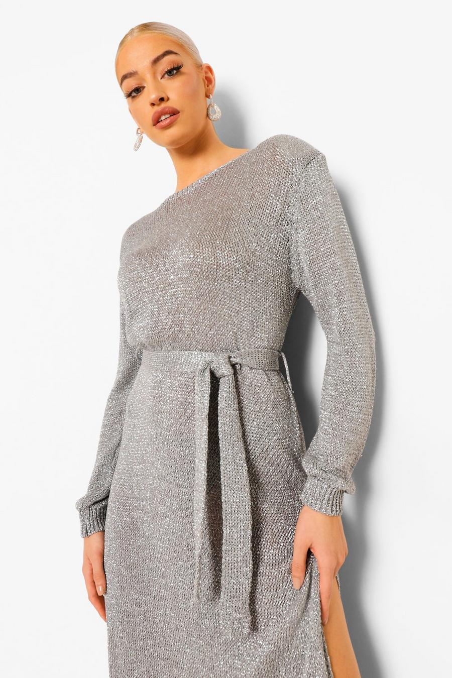 Silver Glitter Shoulder Pad Knitted Maxi Dress image number 1