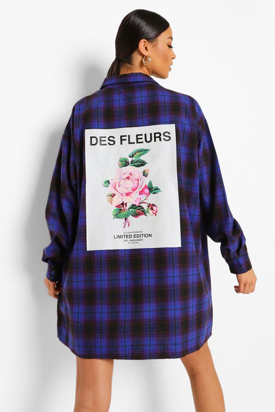 Robe chemise oversize à carreaux et fleurs dans le dos, Cobalt image number 1