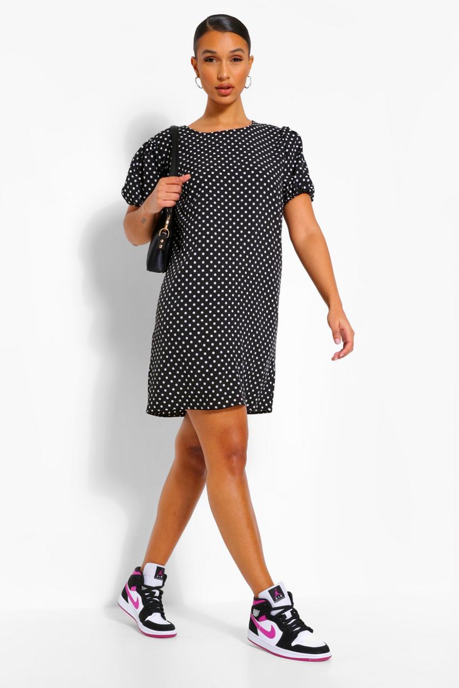 Black Polka Dot Puff Sleeve Shift Dress image number 1