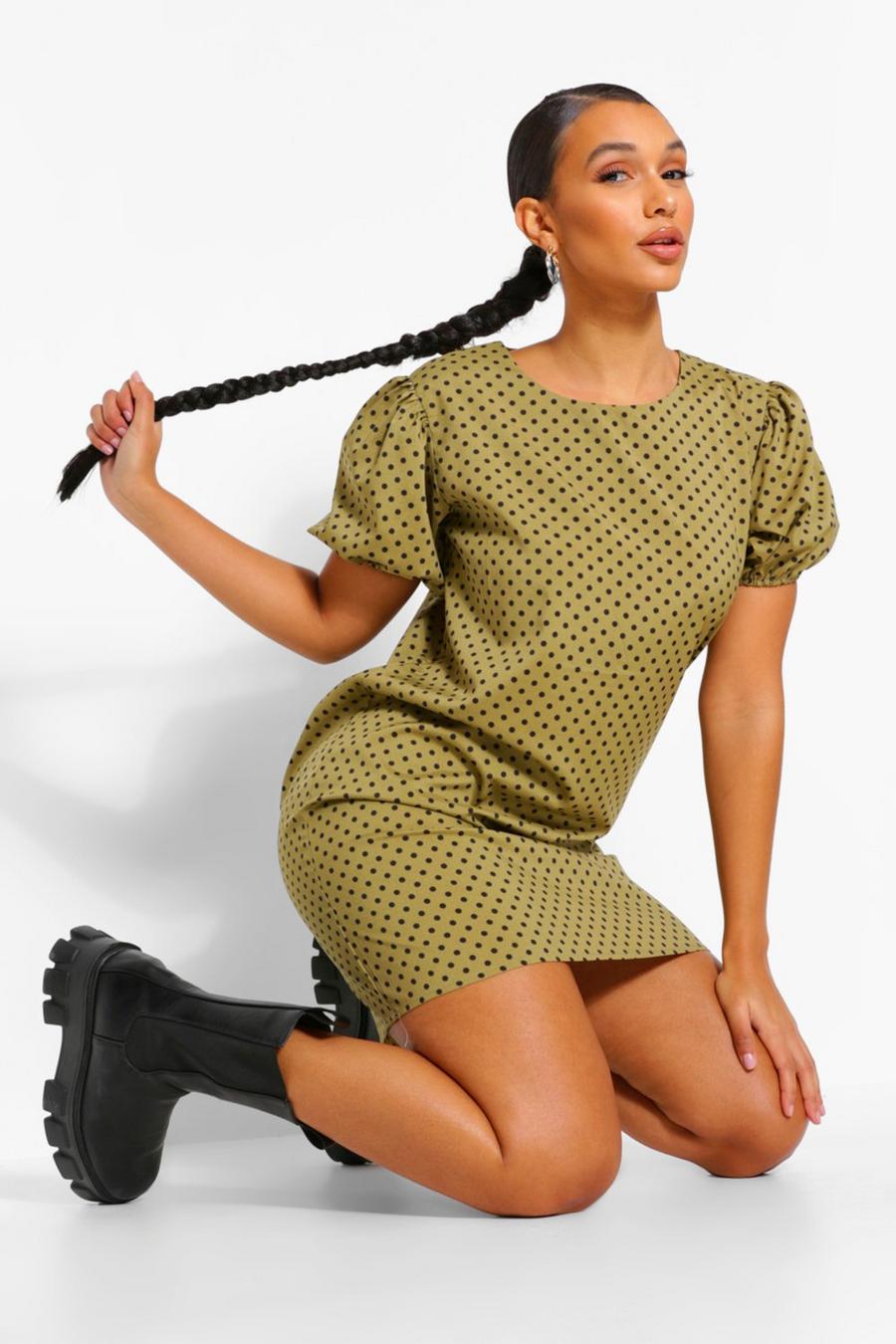 Khaki Polka Dot Puff Sleeve Shift Dress image number 1