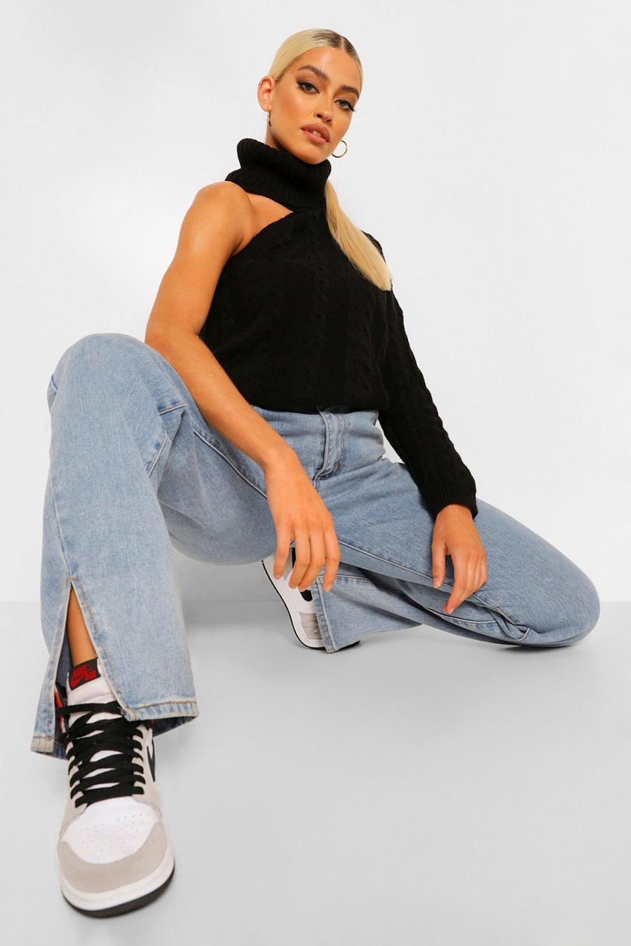Black Cut Out Turtleneck Cable Sweater image number 1