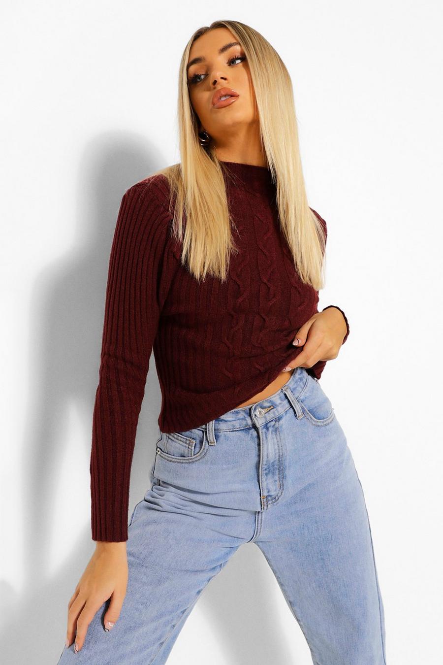 Berry Puff Sleeve Cable Knitted Jumper image number 1