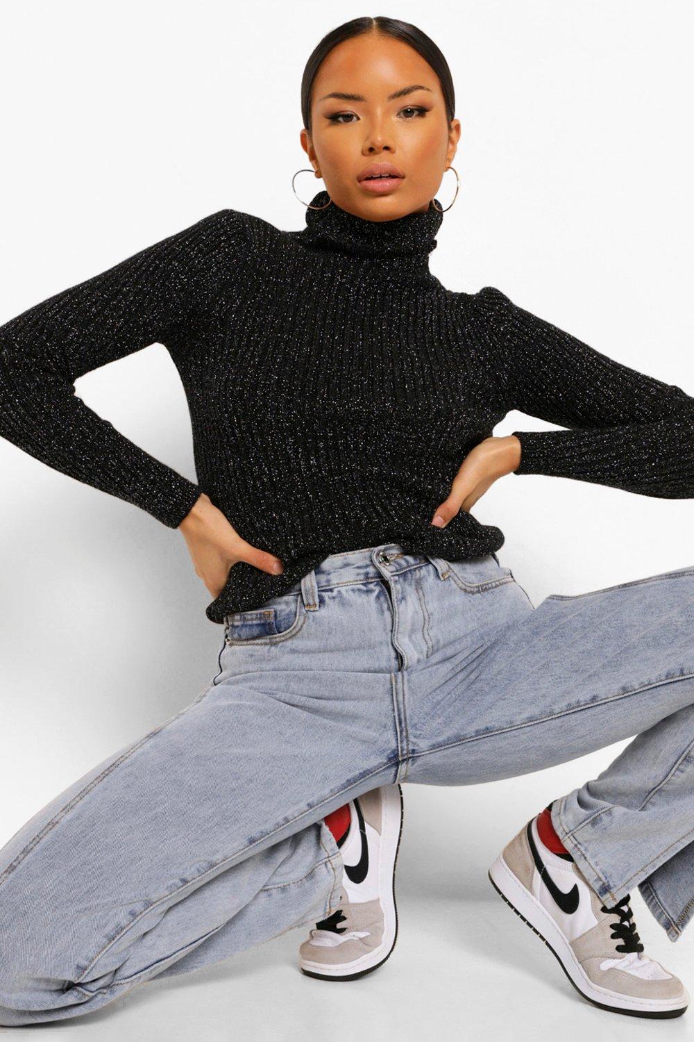 Glitter Rib Knit Roll Neck Jumper