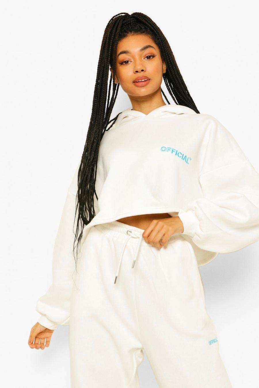 Cream Oversize kort hoodie med slogan image number 1