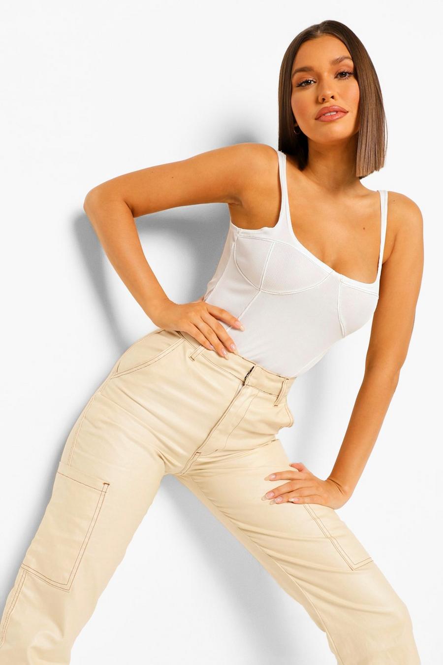 White Contrast Stitch Ribbed Bodysuit image number 1