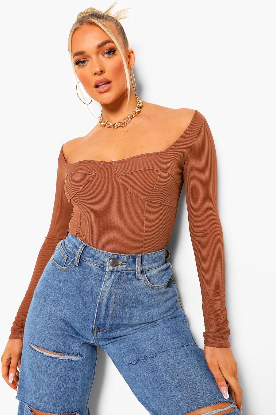 Chocolate Contrast Stitch Long Sleeve Ribbed Bodysuit image number 1