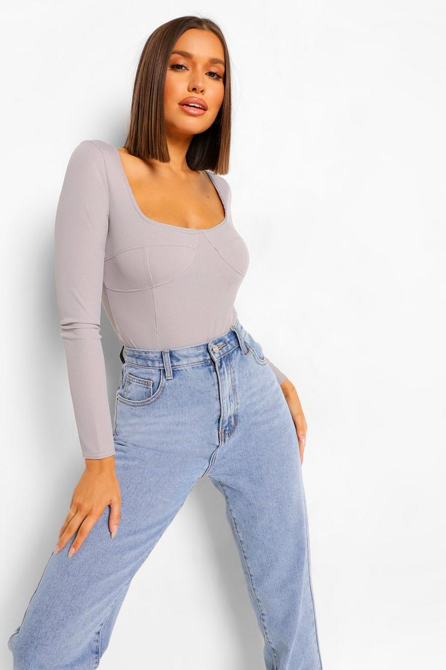 Grey Contrast Stitch Long Sleeve Ribbed Bodysuit image number 1