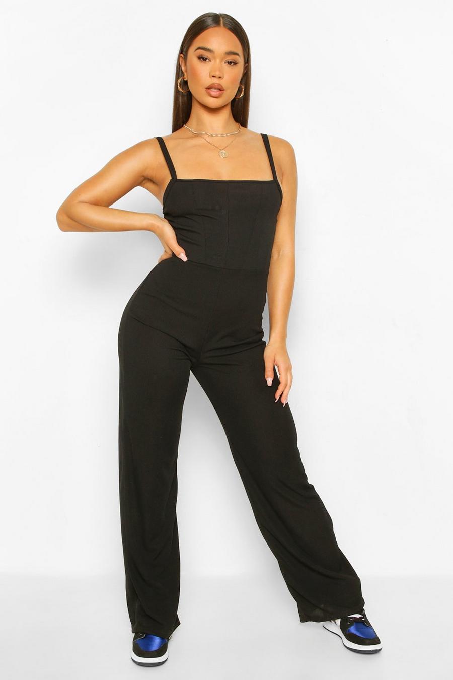 Black Ribbed Binding Detail Strappy Wide Leg Jumpsuit image number 1