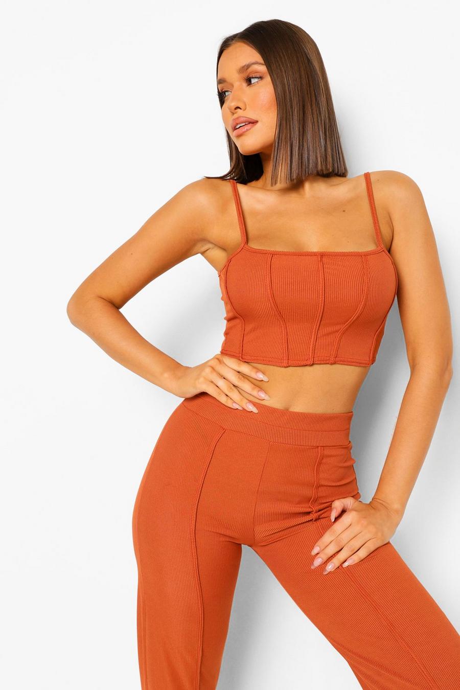 Rust Ribbed Binding Detail Strappy Crop Top image number 1