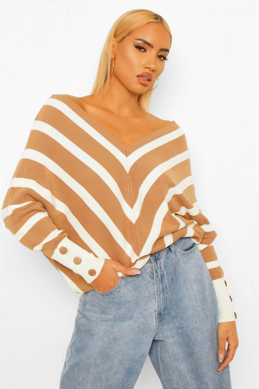 Sand_white V Neck Stripped Fine Knitted Sweater image number 1