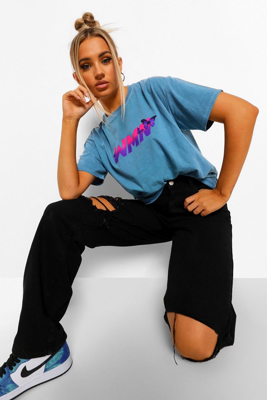 Teal Woman T-shirt med tvåfärgat tryck och fjäril image number 1