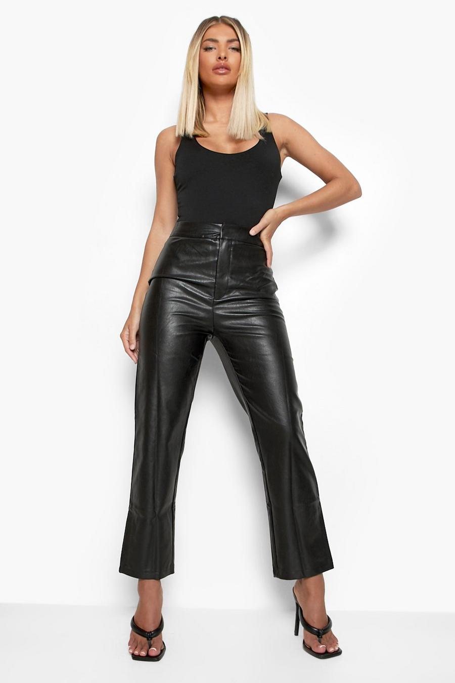 Black Leather Look Straight Leg Trousers image number 1