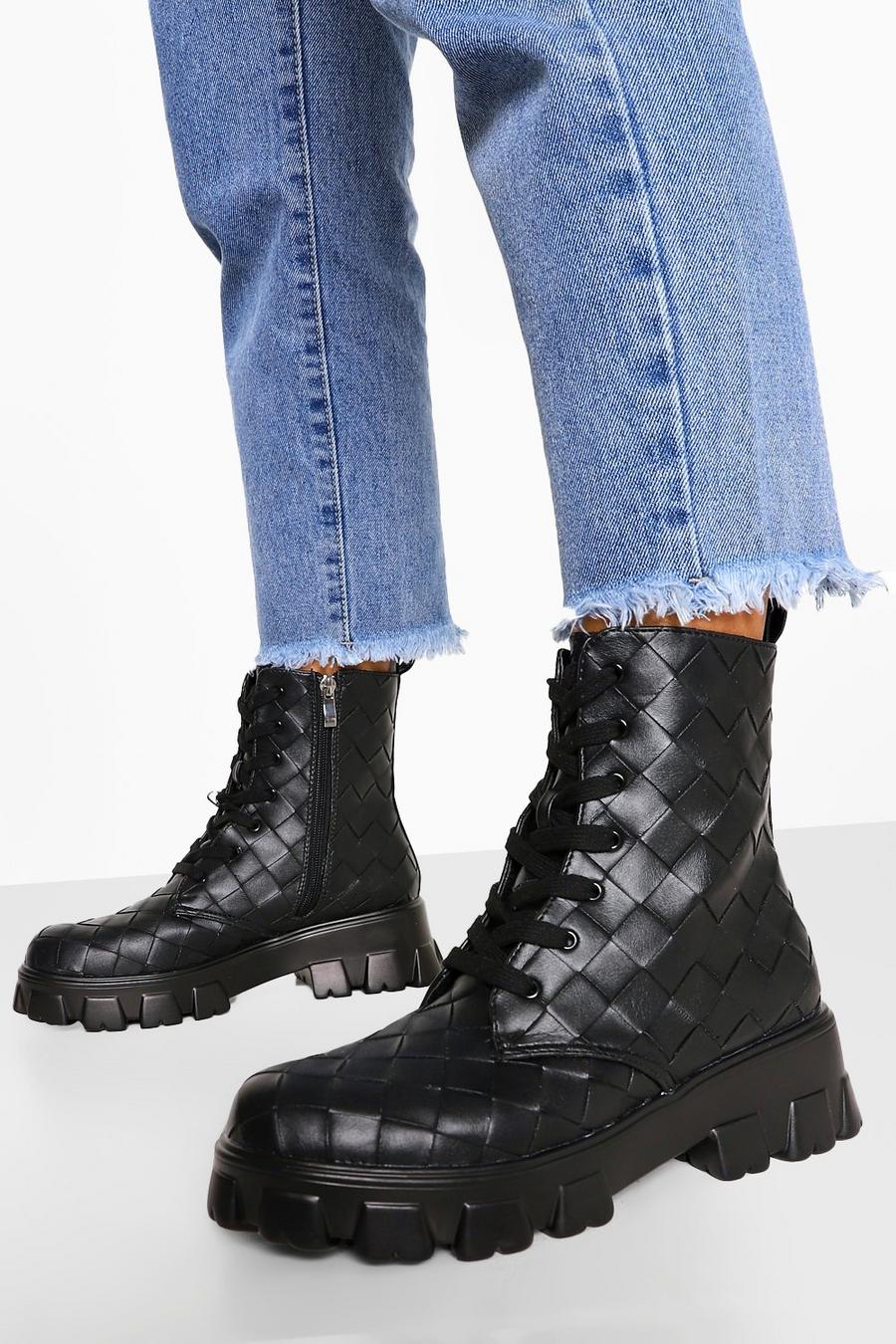 Black Woven Chunky Platform Combat Boots image number 1