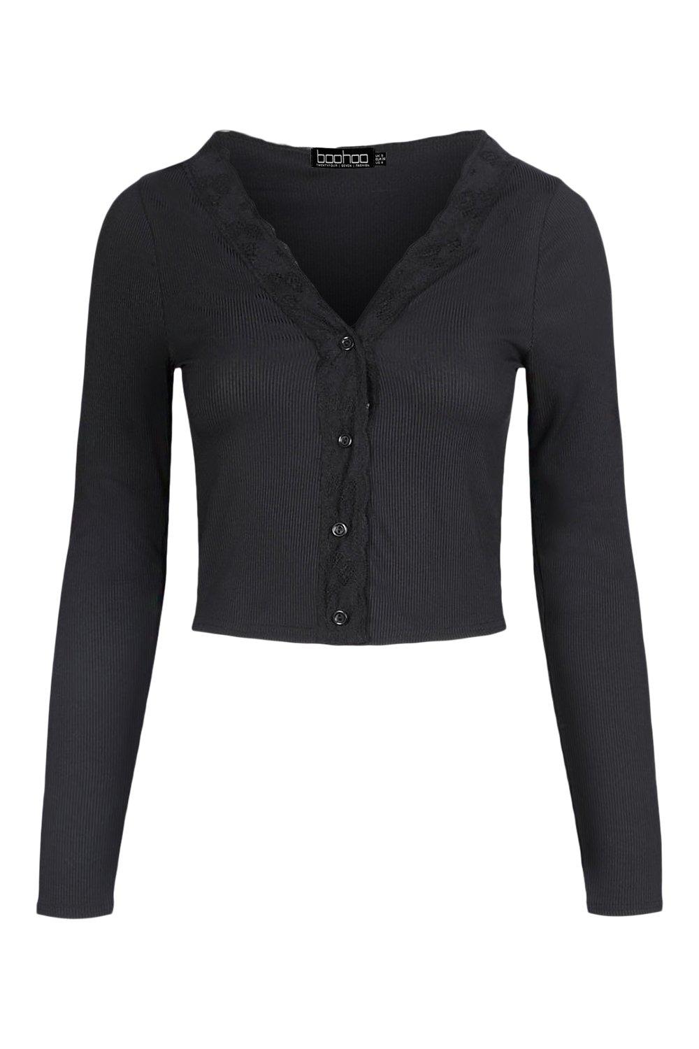 Ribbed Lace Trim Cardigan Top | boohoo USA
