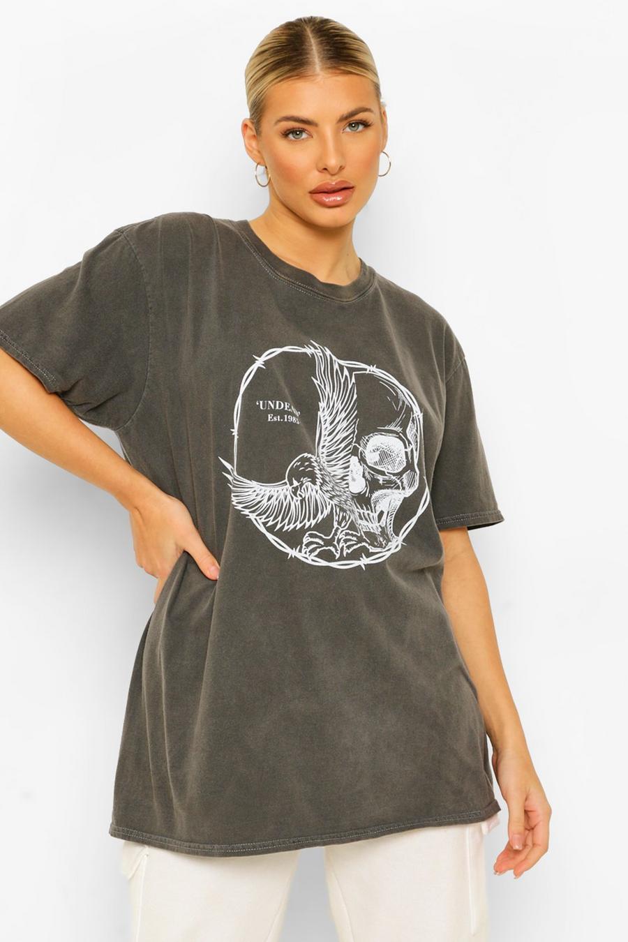 T-shirt délavé imprimé fil barbelé tête de mort et colombe, Charcoal image number 1