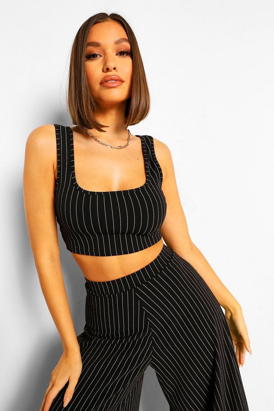 Black Pinstripe Jersey Crop Top image number 1