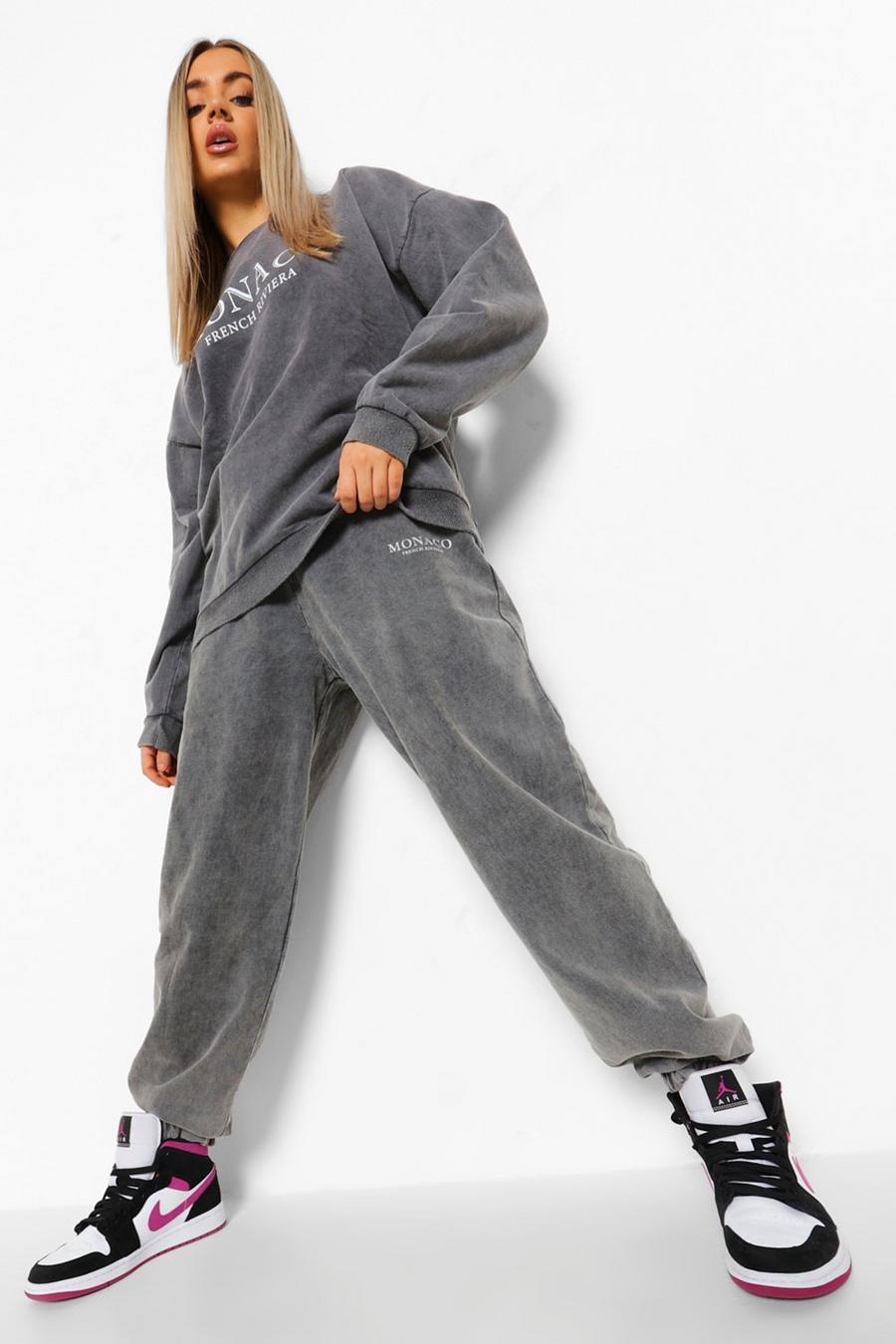 Oversized Acid Wash Slogan Print Tracksuit | boohoo