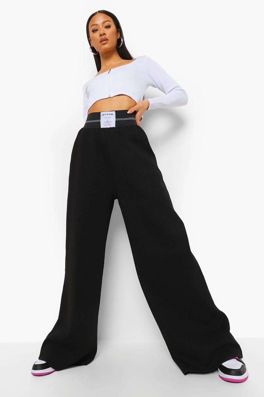 Black Wide Leg Track Pants With Woven Tab image number 1