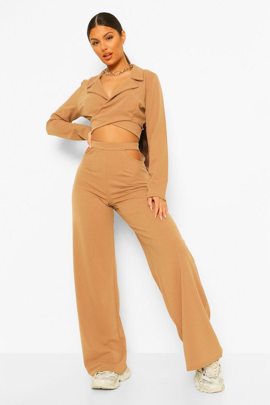 Caramel Cut Out Side Wide Leg Trousers image number 1