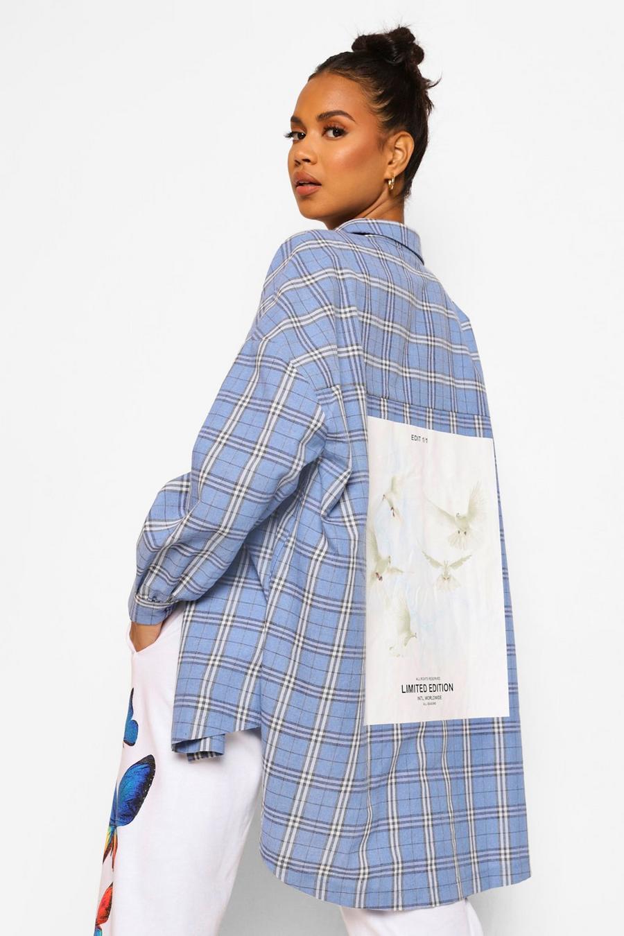 Blue Oversized Check Shirt With Back Print image number 1