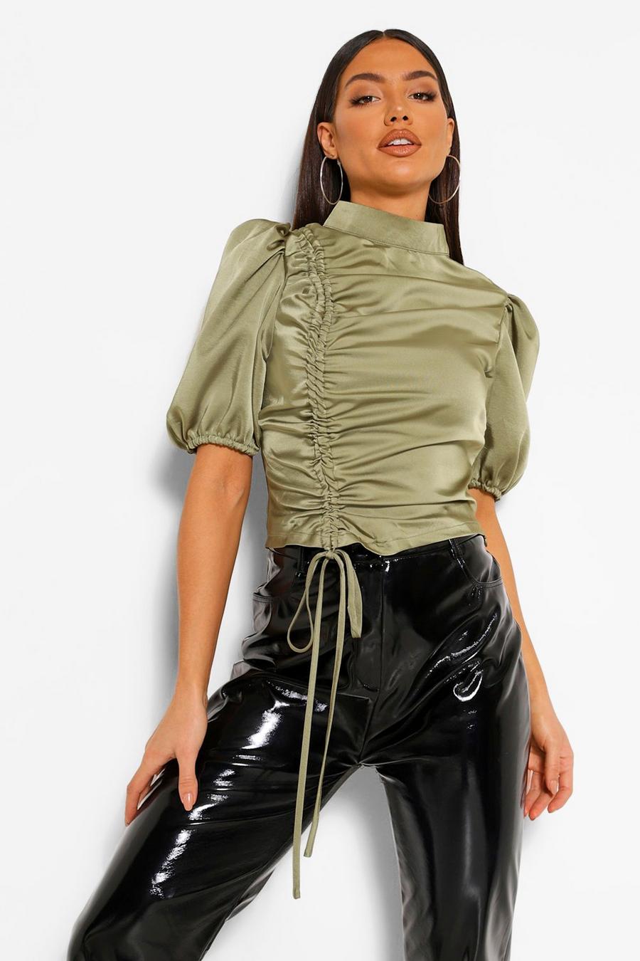 Khaki Satin Ruched High Neck Top image number 1
