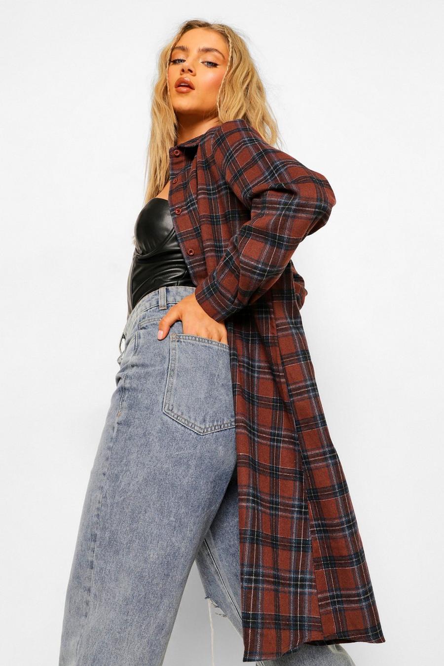 Brown Green Oversized Midi Check Shirt image number 1