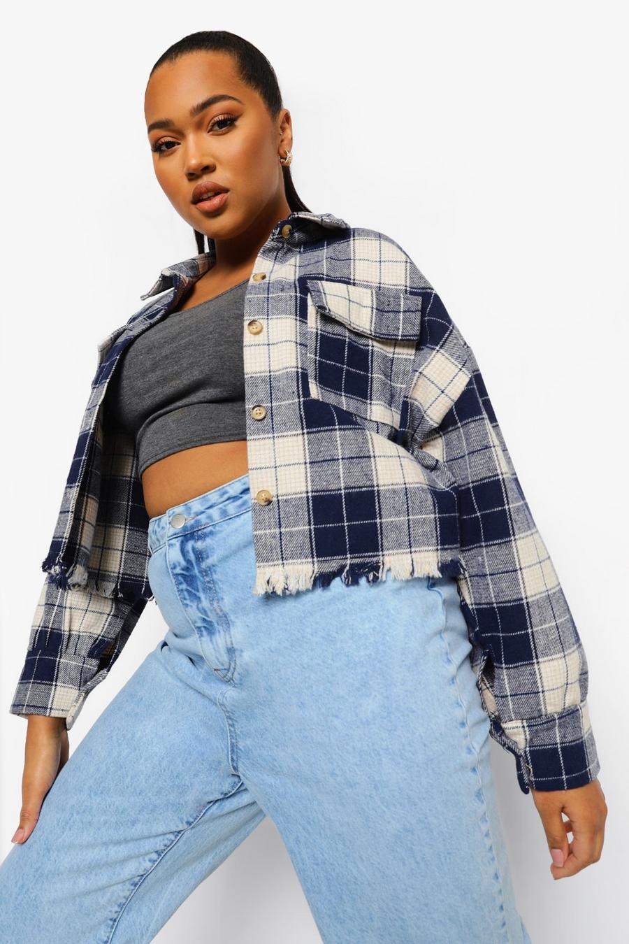 Blue Plus Checked Cropped Shacket image number 1