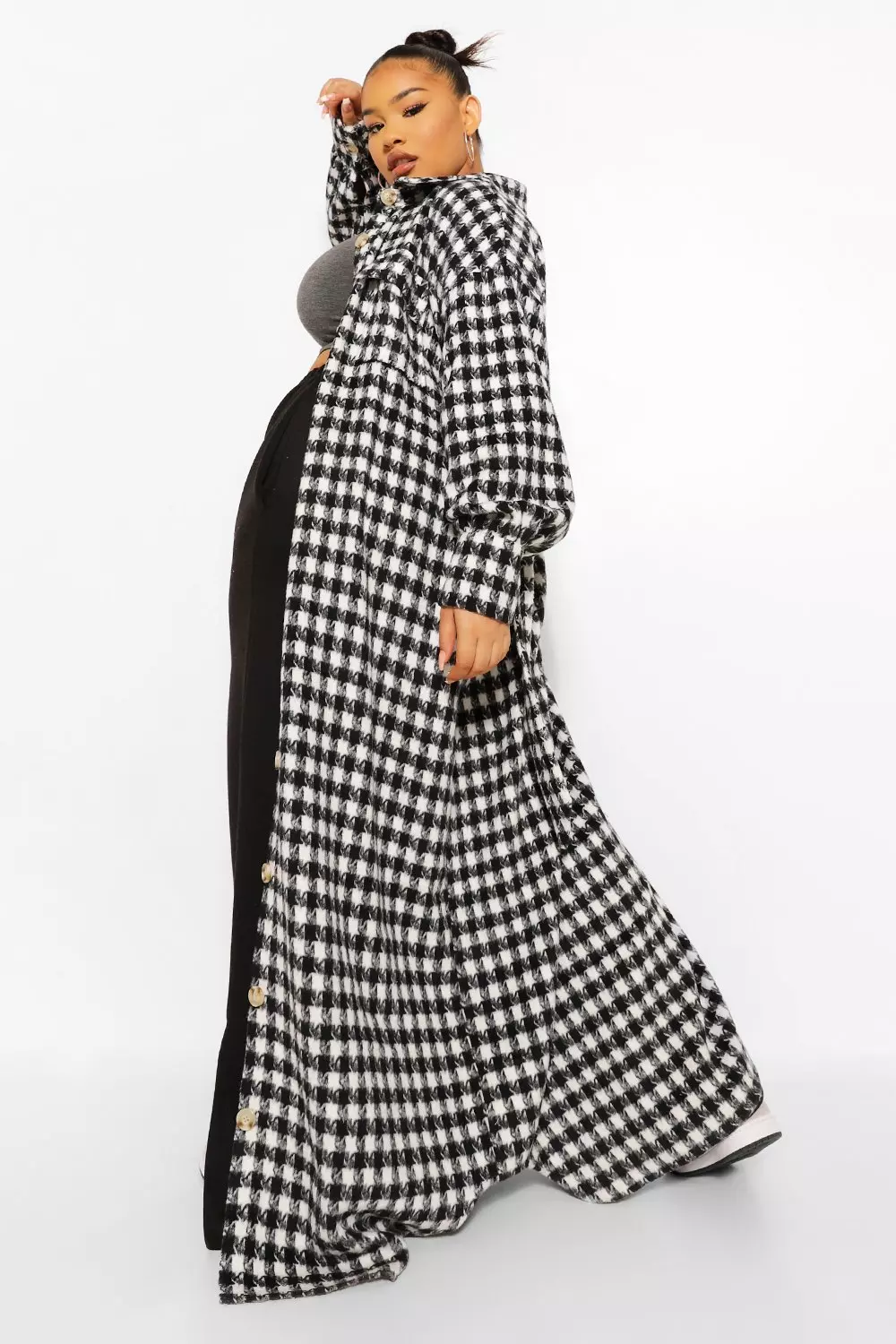 Black Plus Dogtooth Check Oversized Maxi Shacket alternative image