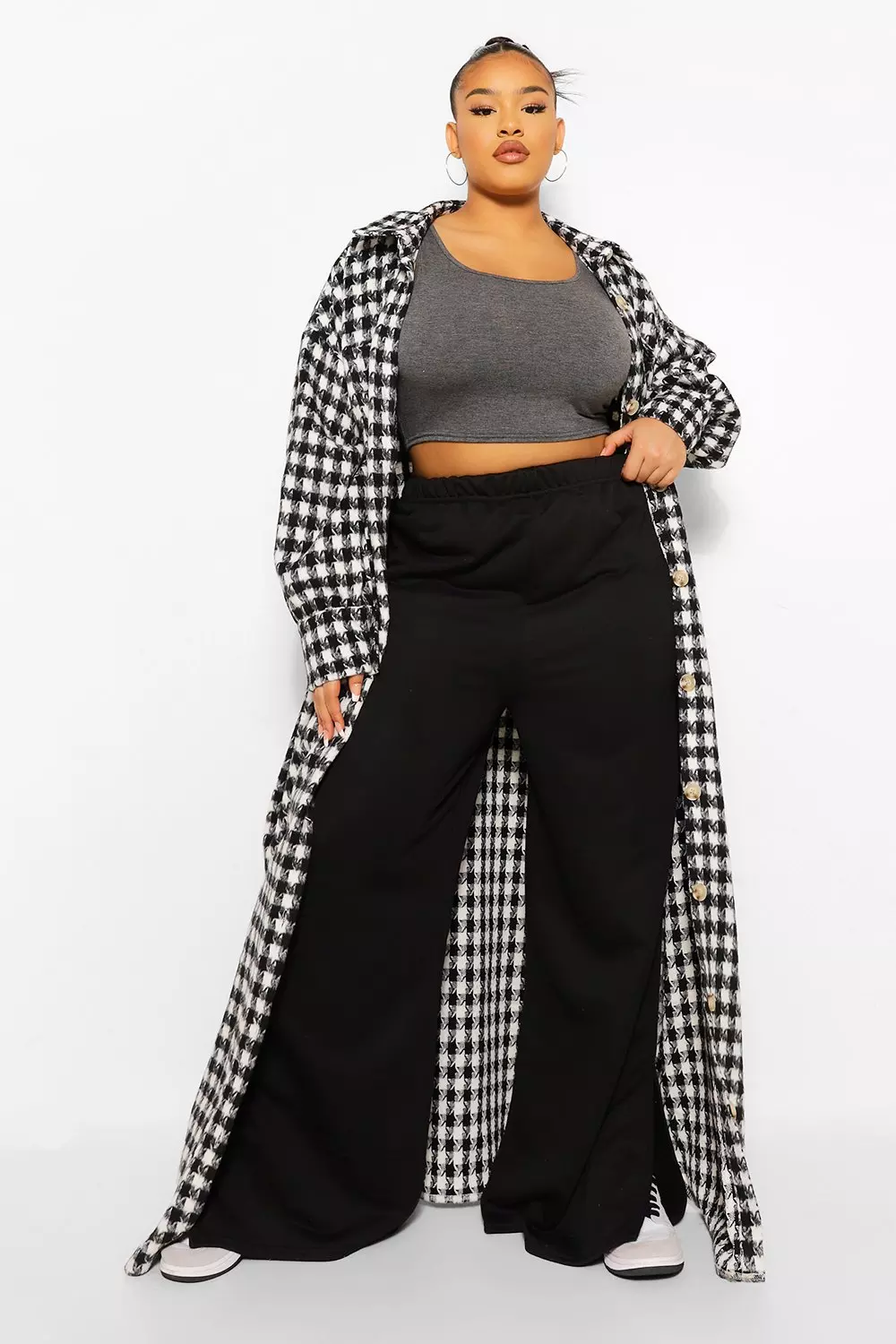 Black Plus Dogtooth Check Oversized Maxi Shacket alternative image