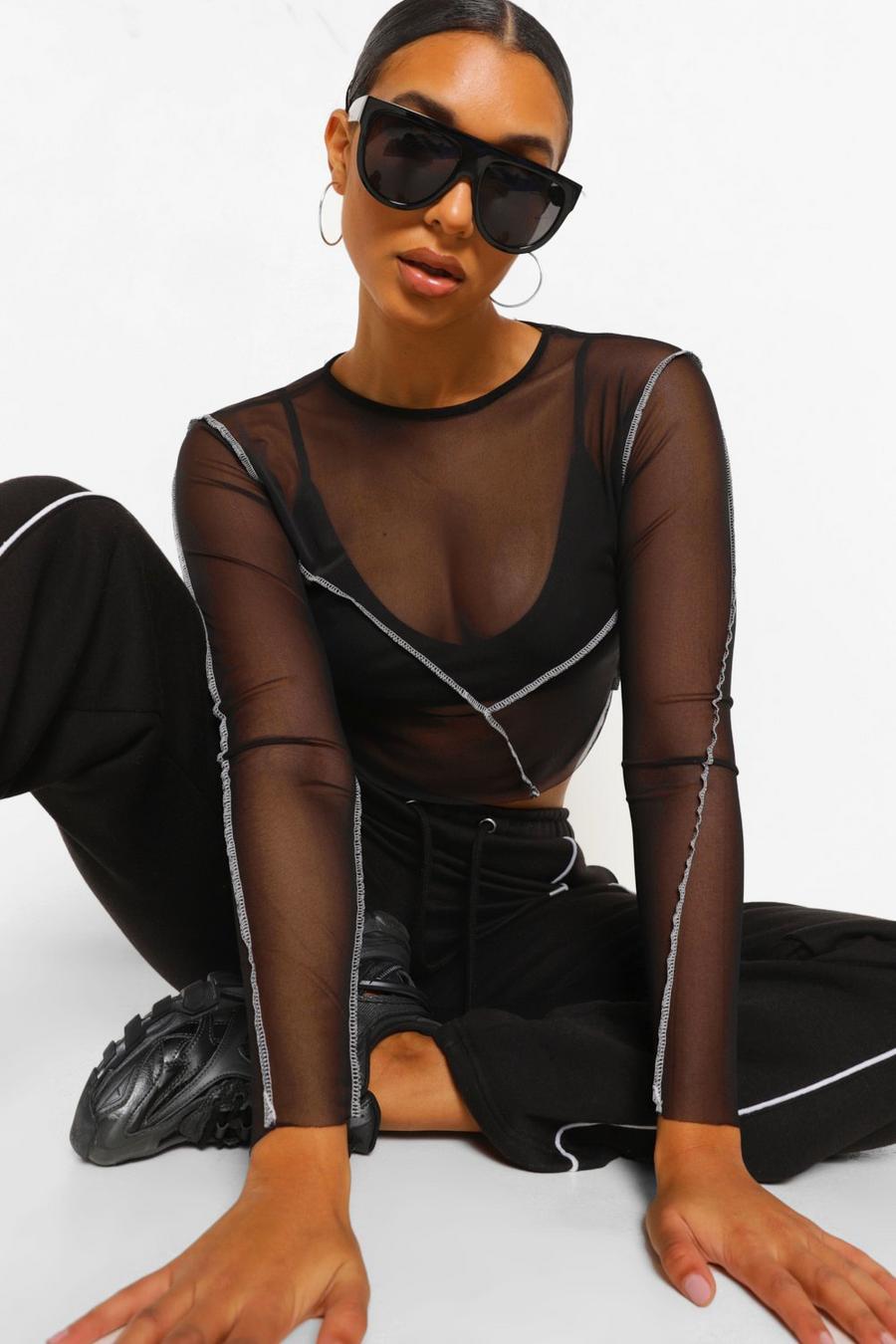 Crop top en tulle à coutures apparentes, Black image number 1