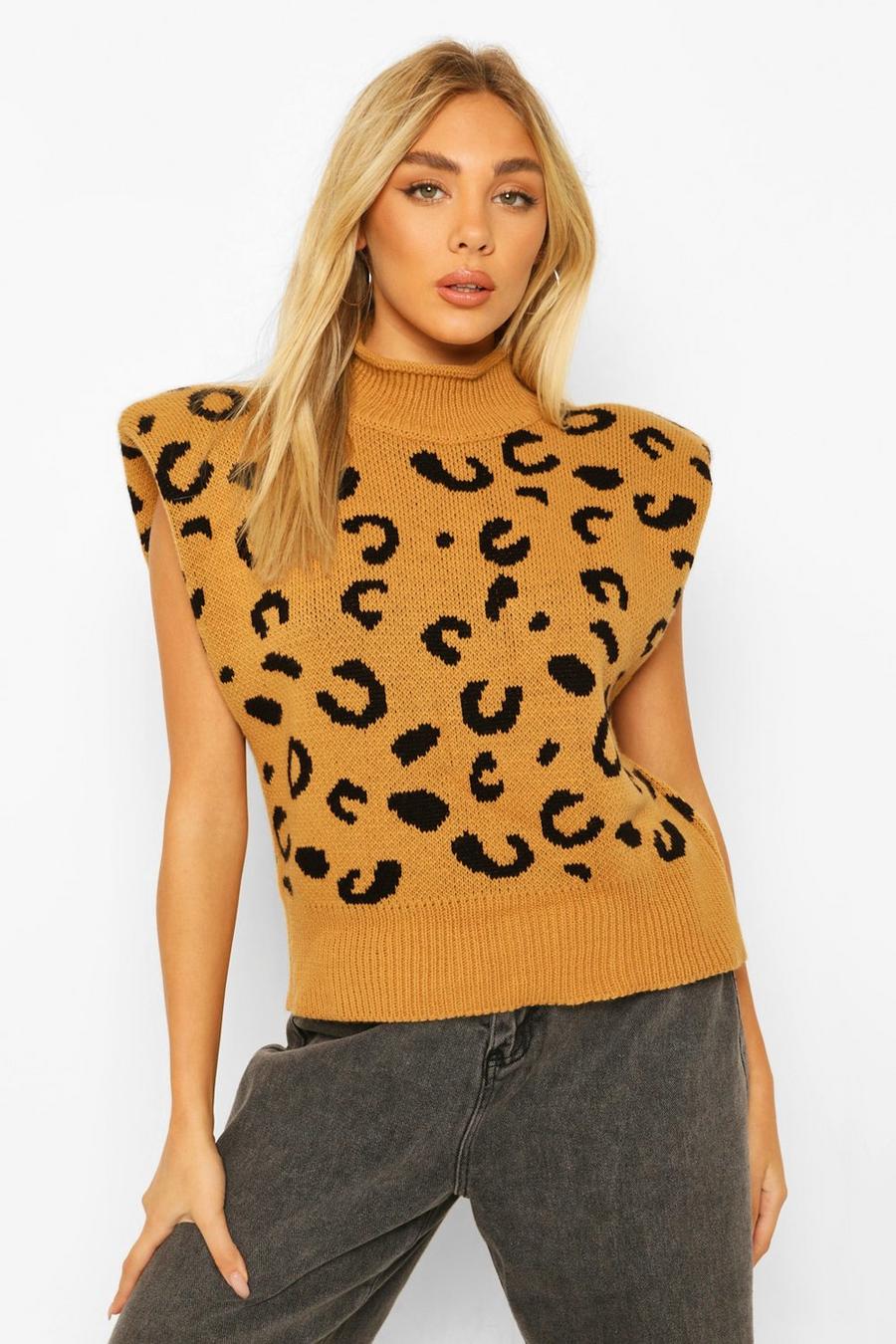 Camel Leopard Print Shoulder Pad Sweater Tank Top image number 1