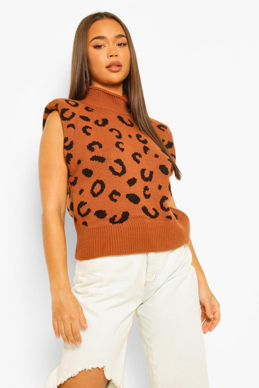 Camiseta de punto sin mangas con hombreras y estampado de leopardo , Teja image number 1