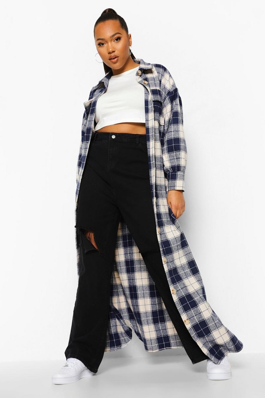 Blue Plus Checked Oversized Belted Maxi Shacket image number 1