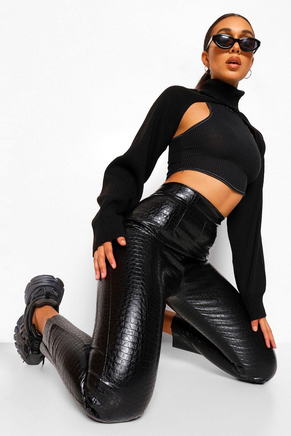 Black Croc Faux Leather Skinny Pants