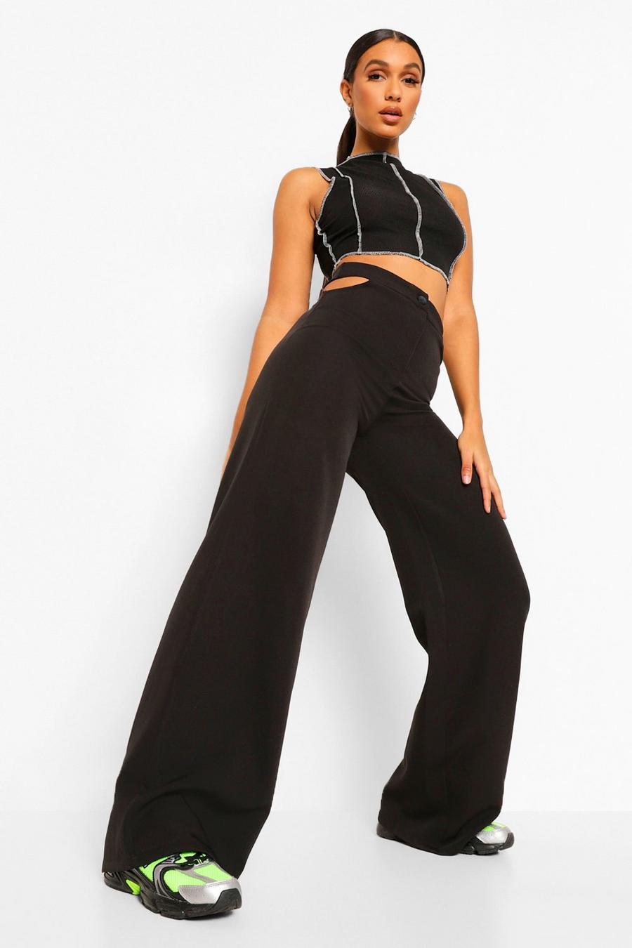 Black Cut Out Wide Leg Woven Trousers image number 1