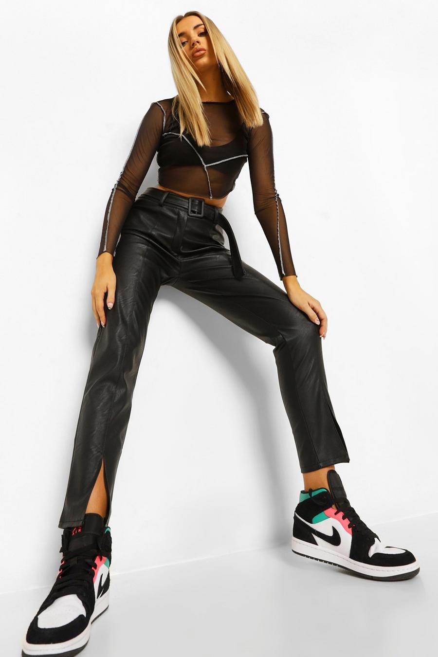 Leather Look Belted Split Leg Skinny Trousers image number 1