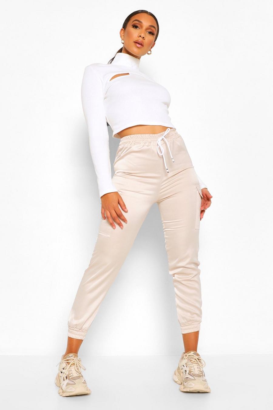 Stone Beige Satin Luxe Cargo Track Pants image number 1