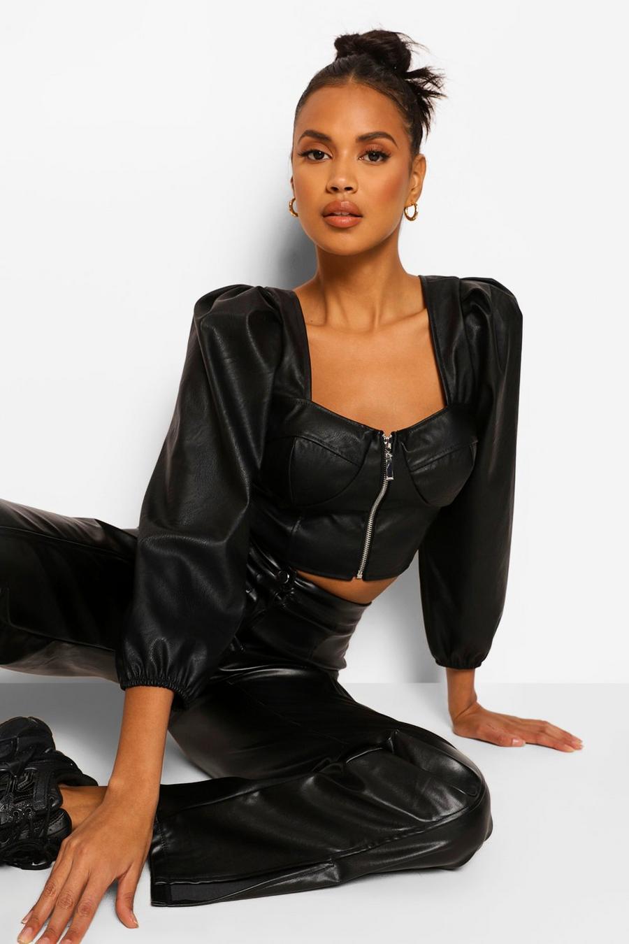 Black Cupped Zip Front Faux Leather Pu Top image number 1