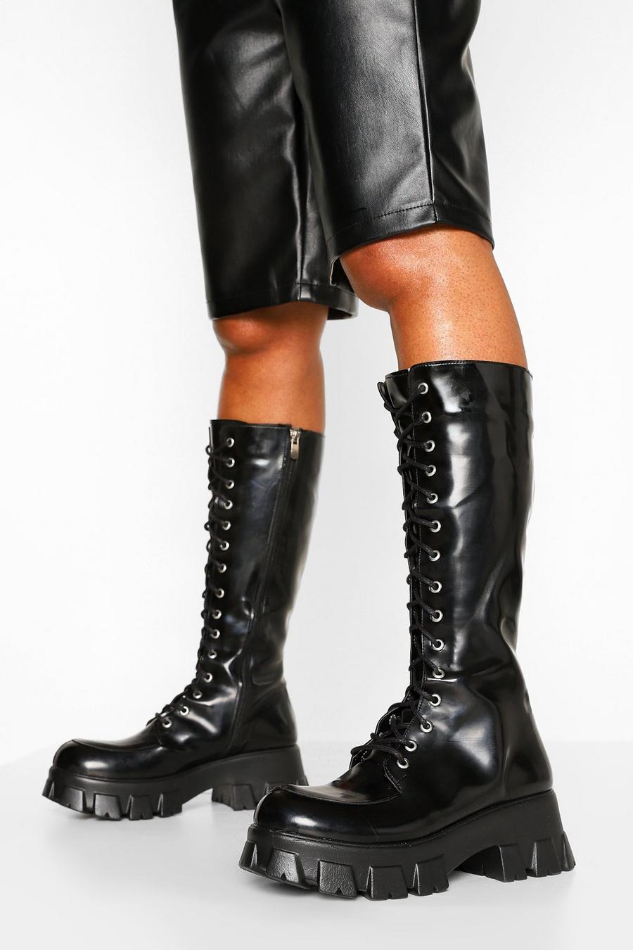 Black Calf Height Chunk Lace Up Combat Boots image number 1