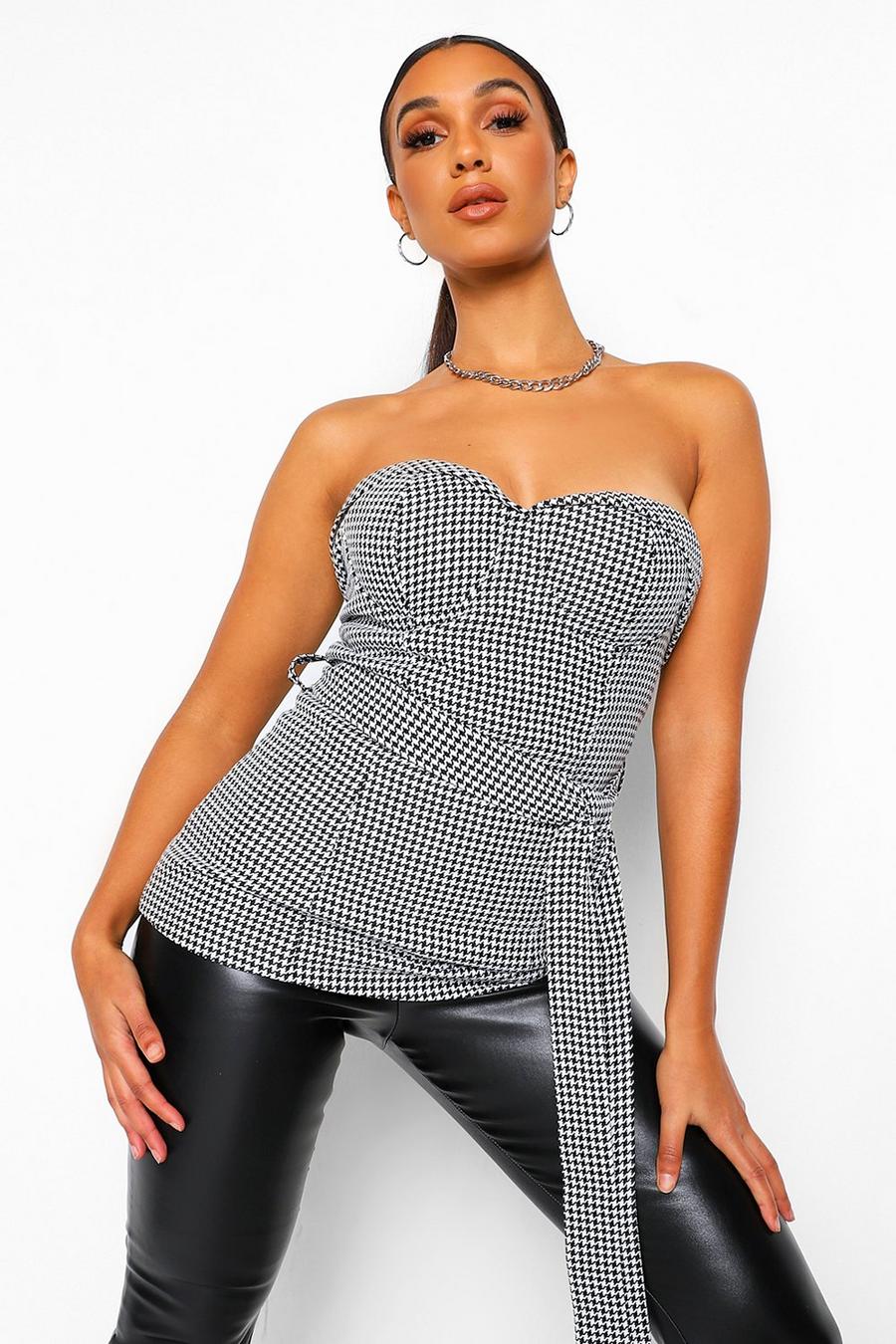 Black Dogtooth Belted Button Front Corset Top image number 1