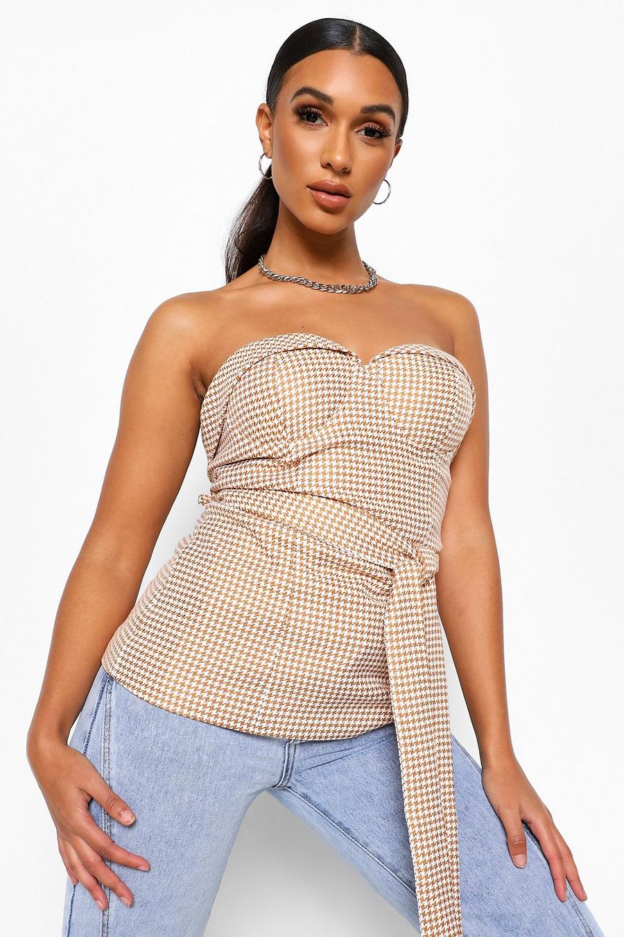 Camel Dogtooth Belted Button Front Corset Top image number 1