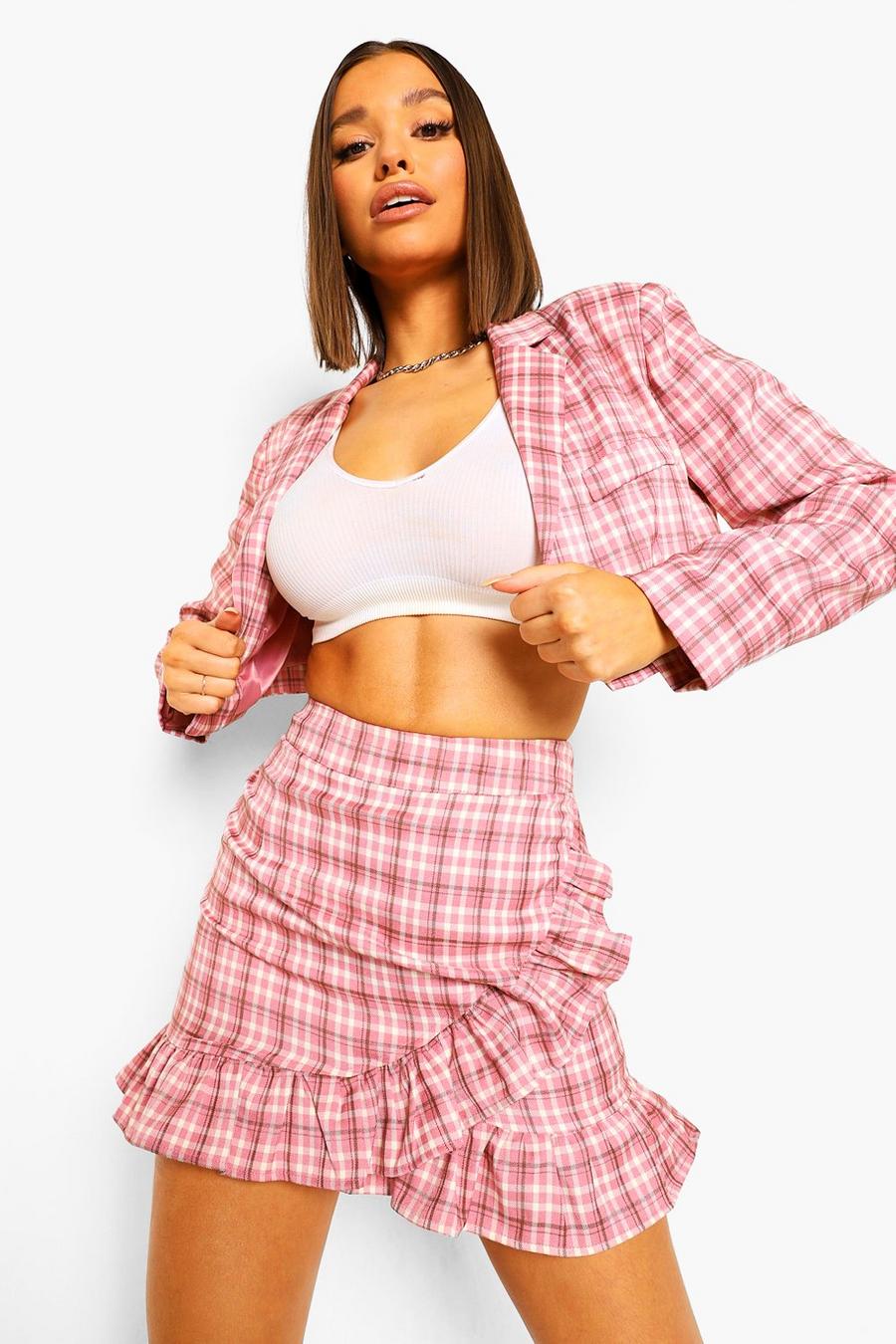 Pink Checked Frill Detail Mini Skirt image number 1