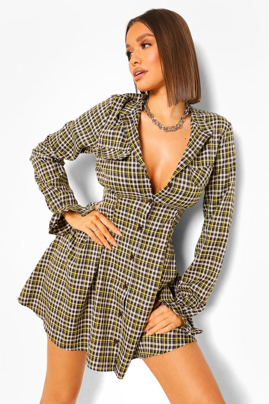 Chocolate Checked Cinched Waist Skater Shirt Dress image number 1